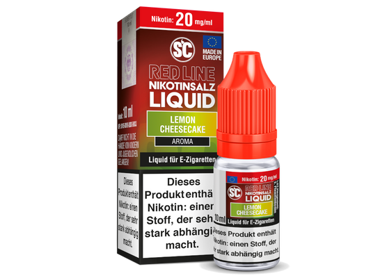 Flasche SC Red Line Lemon Cheesecake Nikotinsalz Liquid, bekannt für den intensiven Geschmack von Zitronen-Käsekuchen.