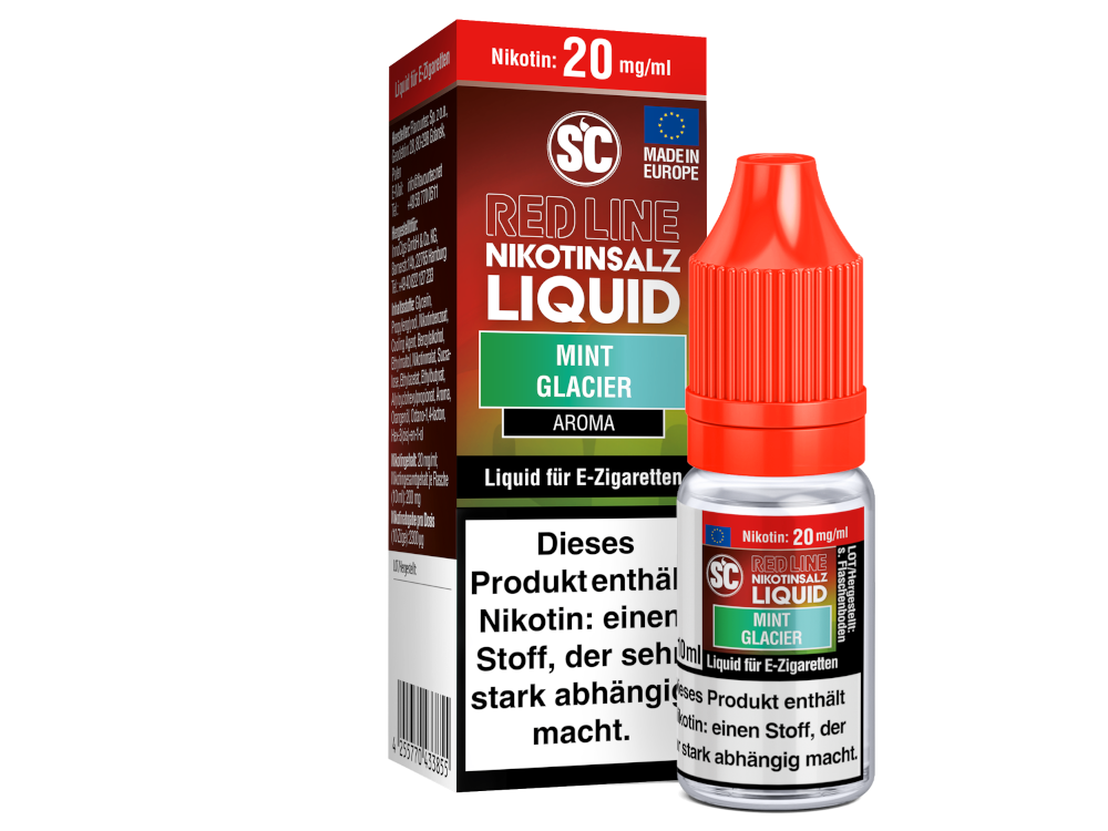 Die Flasche des SC Red Line Mint Glacier Nikotinsalz Liquids zeigt den intensiven Minzgeschmack, der beim Dampfen freigesetzt wird.