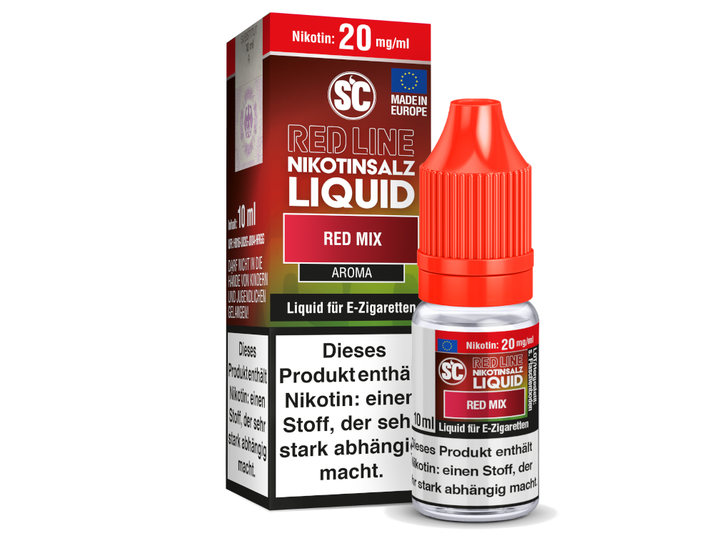 Verpackungsdetail von SC Red Line Red Mix, ein stirbt Nikotinsalz Liquid von RavenSmoke DE mit starkem Fruchtgeschmack.