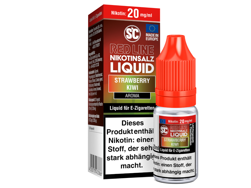 Näherer Blick auf das SC Red Line Strawberry Kiwi Nikotinsalz Liquid, das den unverwechselbaren Erdbeer-Kiwi Geschmack bietet.