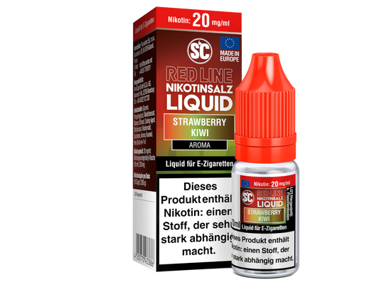 Näherer Blick auf das SC Red Line Strawberry Kiwi Nikotinsalz Liquid, das den unverwechselbaren Erdbeer-Kiwi Geschmack bietet.