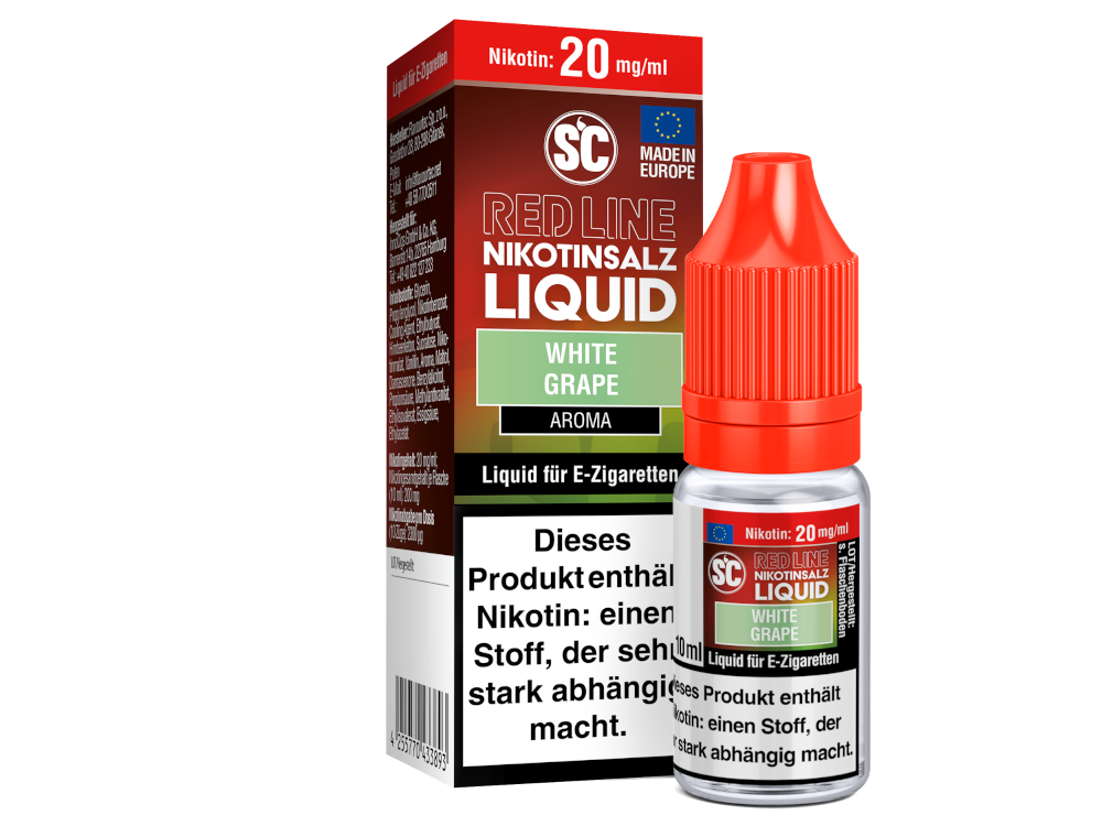 Detailansicht des SC - Red Line - White Grape Liquids, welches mit einem frischen Weintraubenaroma überzeugt.