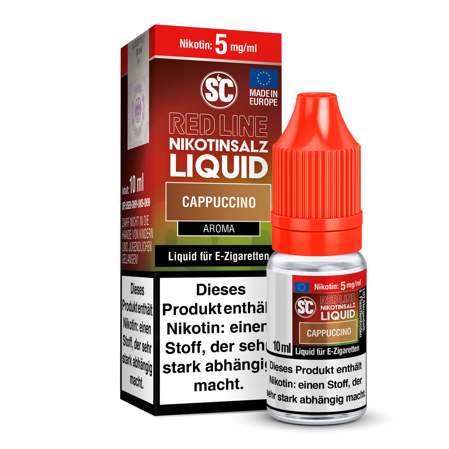 SC Red Line Cappuccino Nikotinsalz Liquid in einer eleganten Flasche mit intensivem Kaffeegeschmack, ideal für E-Zigaretten, Stärke 0-20 mg/ml.
