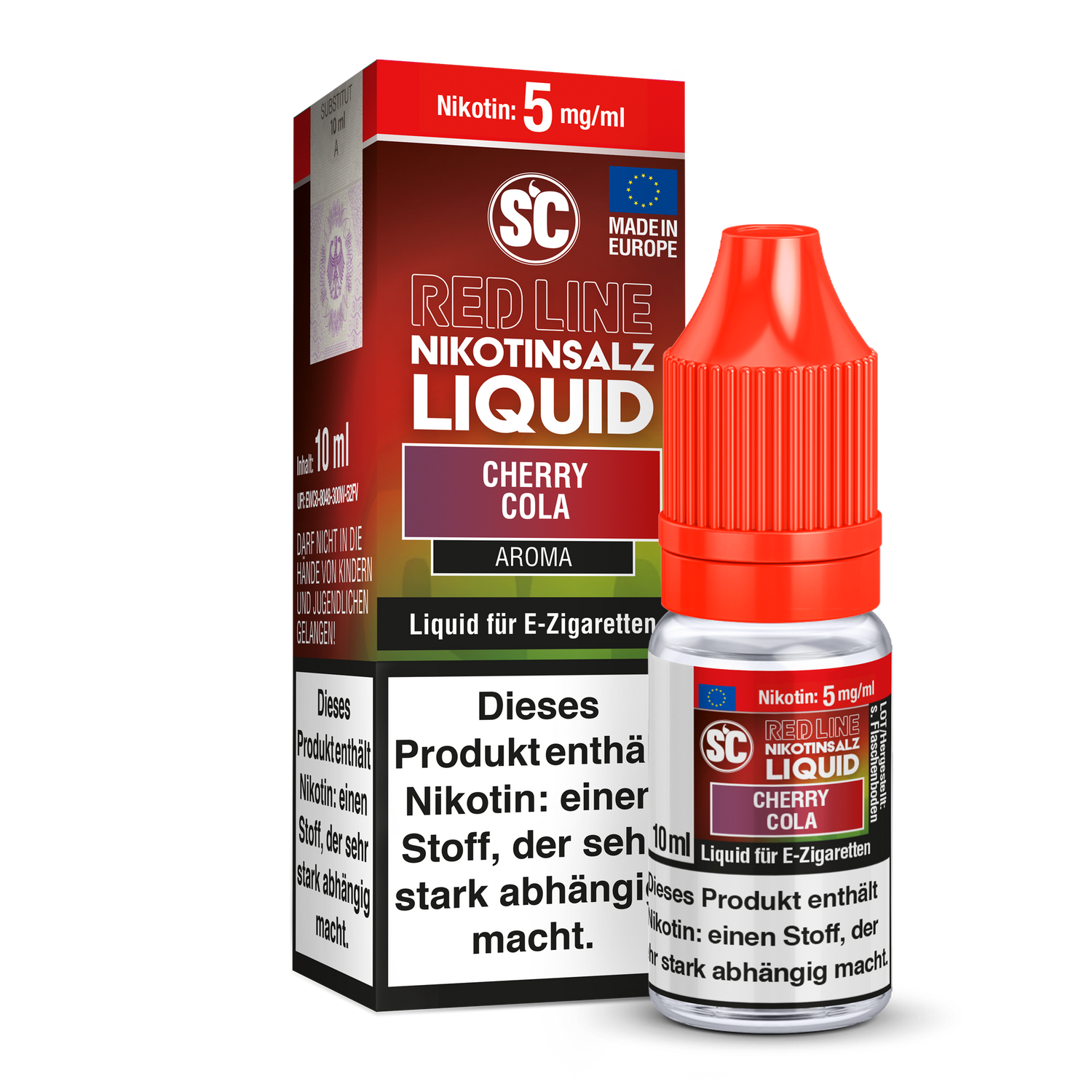 SC Red Line Cherry Cola Nikotinsalz Liquid 0 mg/ml in der Verpackung, erfrischende Kombination aus Cola und Kirschgeschmack.