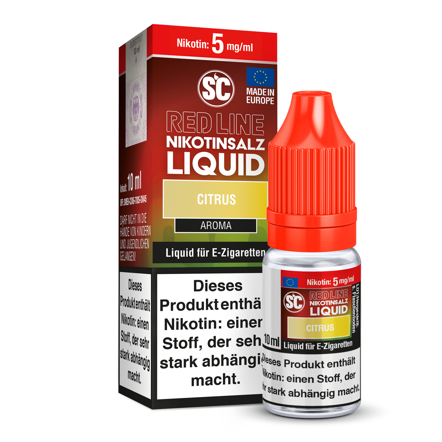 SC Red Line Nikotinsalz Liquid in der Geschmacksrichtung Zitrus mit intensivem Aroma für E-Zigaretten, ideal für Dampfer, die frische Zitrusnoten bevorzugen.