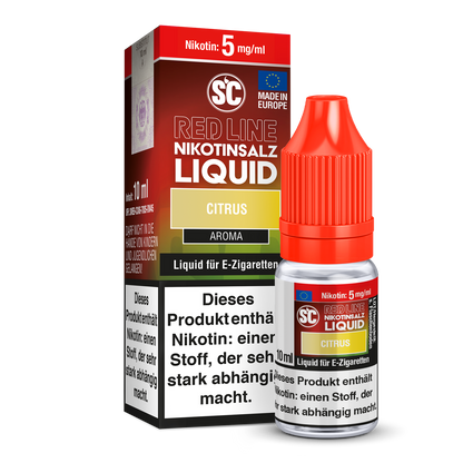 SC Red Line Nikotinsalz Liquid in der Geschmacksrichtung Zitrus mit intensivem Aroma für E-Zigaretten, ideal für Dampfer, die frische Zitrusnoten bevorzugen.