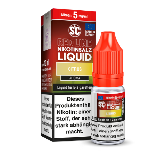 SC Red Line Nikotinsalz Liquid in der Geschmacksrichtung Zitrus mit intensivem Aroma für E-Zigaretten, ideal für Dampfer, die frische Zitrusnoten bevorzugen.
