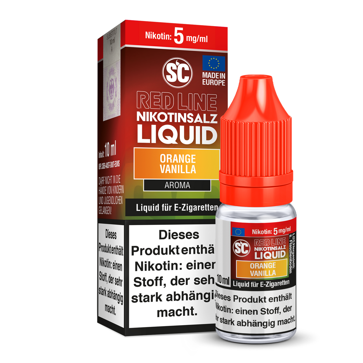 SC Red Line Orange Vanilla Nikotinsalz Liquid in einer eleganten Flasche, die frische Orangen- und süße Vanillearomen nichts als Genuss für Dampfer verspricht.