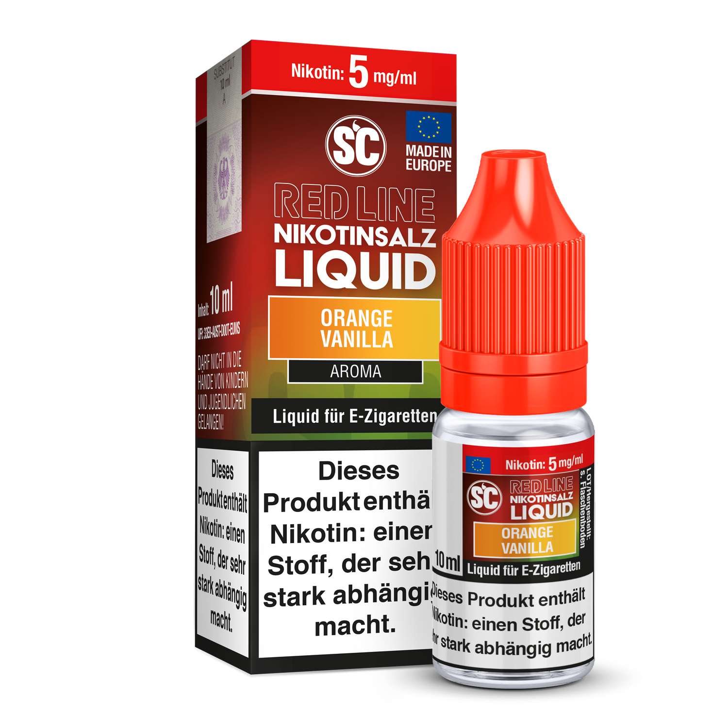 SC Red Line Orange Vanilla Nikotinsalz Liquid in einer eleganten Flasche, die frische Orangen- und süße Vanillearomen nichts als Genuss für Dampfer verspricht.