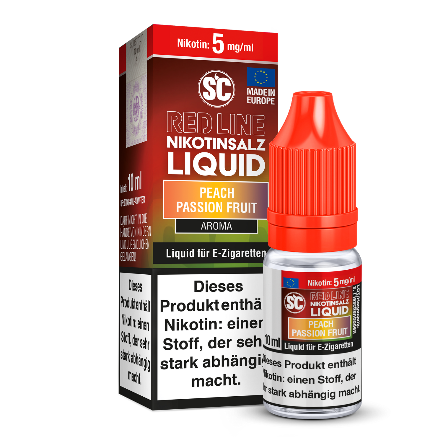 SC Red Line Peach Passion Fruit Nikotinsalz Liquid - Intensiver Pfirsich-Marakujageschmack, Abbildung der Produktverpackung und der frischen Zutaten.