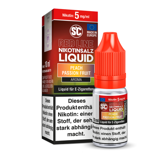 SC Red Line Peach Passion Fruit Nikotinsalz Liquid - Intensiver Pfirsich-Marakujageschmack, Abbildung der Produktverpackung und der frischen Zutaten.