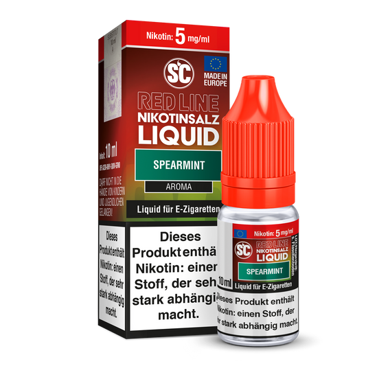 Flasche SC Red Line Spearmint Nikotinsalz Liquid mit intensivem Minz- und Mentholgeschmack.