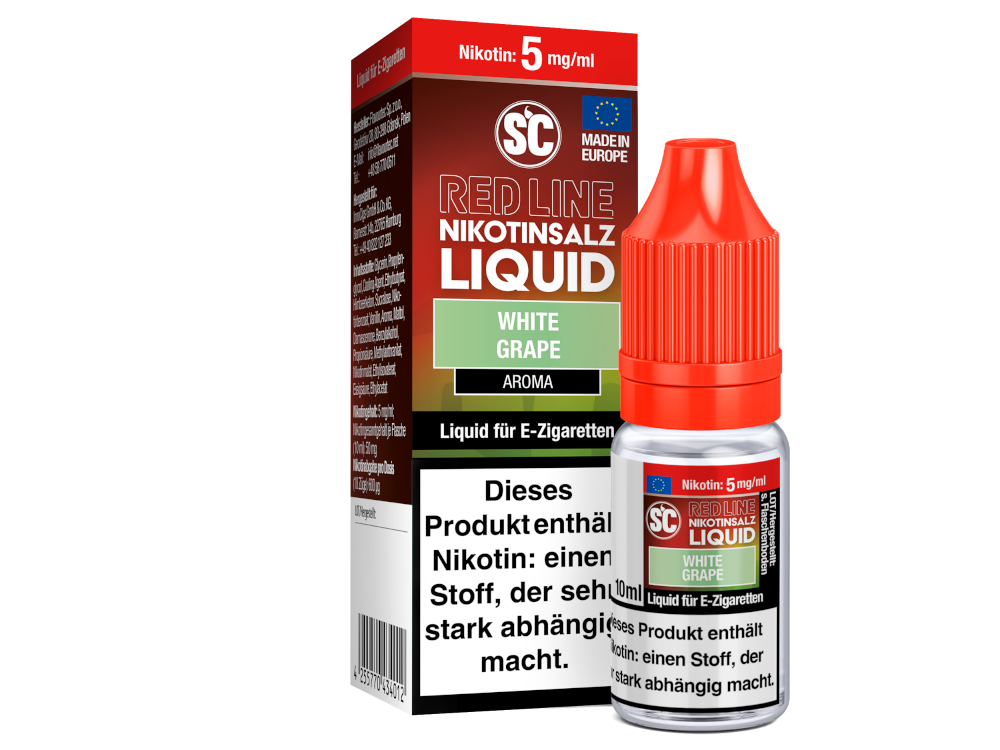 Produktbild des SC - Red Line - White Grape Nikotinsalz Liquids, das den intensiven Geschmack von frischen Weintrauben veranschaulicht.