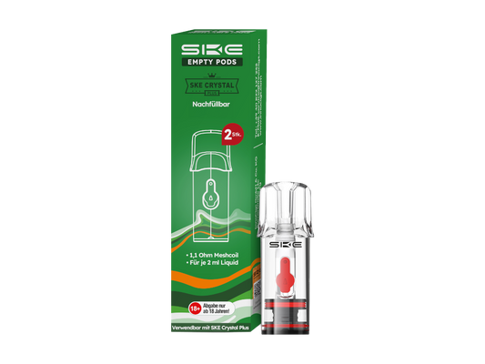 SKE Crystal Plus Pod – 2 Stück Leer-Pods mit 2ml Tankvolumen und integrierter 1,1 Ohm Coil für optimales MTL-Dampfen.