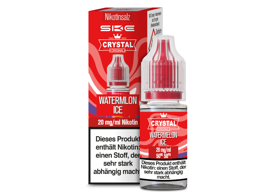 Produktansicht von SKE - Crystal Nikotinsalz Liquid - Watermelon Ice, mit fruchtigem Wassermelonen-Aroma und kühlendem Effekt.