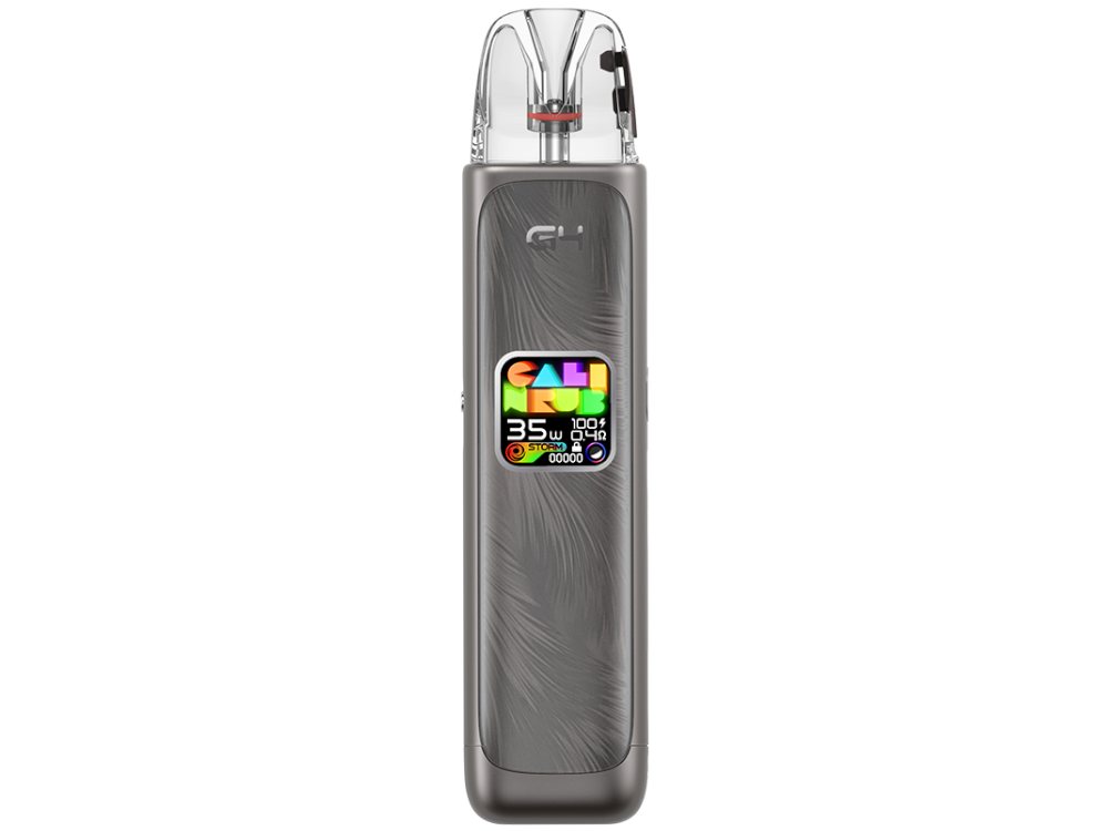 Detailansicht des Uwell Caliburn G4 mit 0,85 Zoll HD-Farbdisplay zur Anzeige von Akkustand und Leistung.