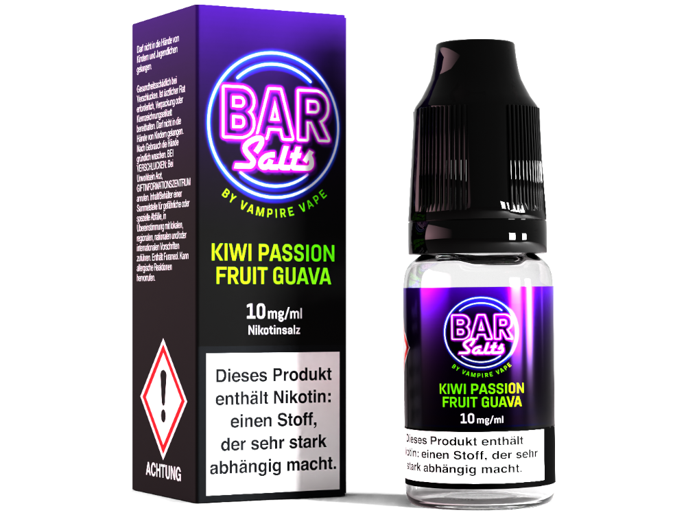 Vampire Vape Bar Salts Kiwi Passion Fruit Guava Nikotinsalz Liquid, ideal für Dampfer, mit intensivem Fruchtgeschmack und versiegelter 10 ml Flasche.