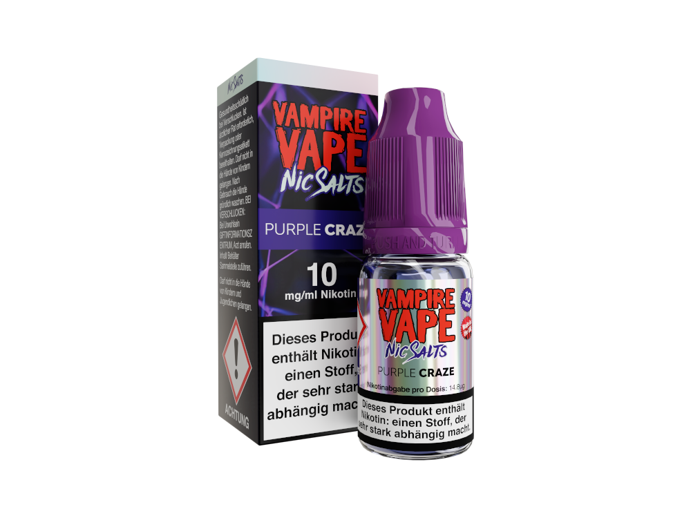 Vampire Vape - Purple Craze Nikotinsalz Liquid zeigt eine detailreiche Ansicht der Flasche und erläutert die Nikotinstärken von 10 mg/ml und 20 mg/ml.
