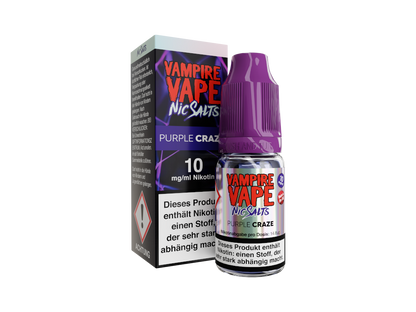 Vampire Vape - Purple Craze Nikotinsalz Liquid zeigt eine detailreiche Ansicht der Flasche und erläutert die Nikotinstärken von 10 mg/ml und 20 mg/ml.