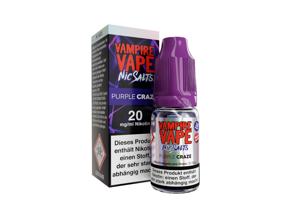 Vampire Vape - Purple Craze Nikotinsalz Liquid in einer 10 ml Flasche mit Geschmacksprofil von Eukalyptus, Waldfrüchten und Menthol. Ideal für E-Zigaretten Nutzer.