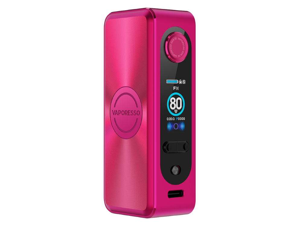 Vaporesso Gen SE 80 Watt Akkuträger mit 0,96 Zoll TFT-Display und 4 Ausgabemodi auf einem stilvollen Hintergrund.