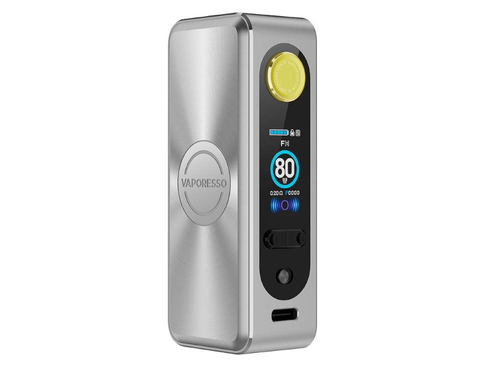 Nahaufnahme des 0,96 Zoll TFT-Displays des Vaporesso Gen SE, das wichtige betriebliche Parameter anzeigt.