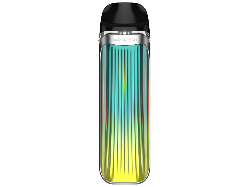 Detailansicht des Vaporesso LUXE QS Akkus mit LED-Indikator zur Anzeige des Ladestands.