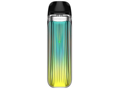 Detailansicht des Vaporesso LUXE QS Akkus mit LED-Indikator zur Anzeige des Ladestands.