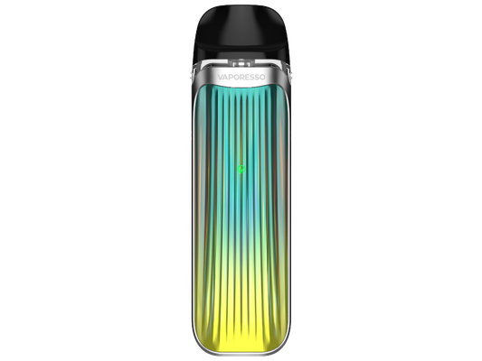 Detailansicht des Vaporesso LUXE QS Akkus mit LED-Indikator zur Anzeige des Ladestands.