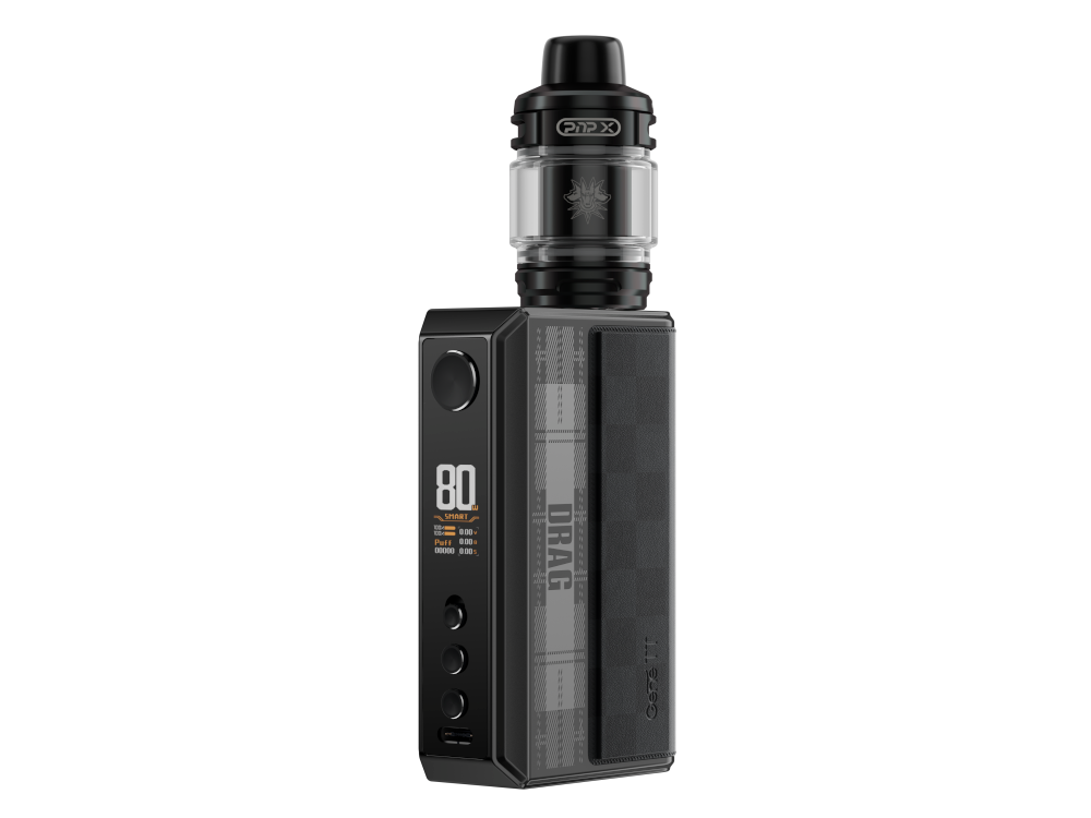 Das VooPoo Drag 5 E-Zigaretten Set zeigt die verschiedenen Betriebsmodi und die benutzerfreundlichen Tasten.