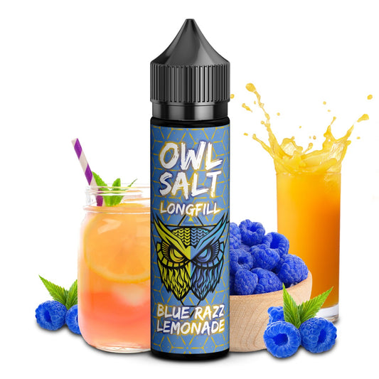 OWL Salt Longfill Aroma Blue Razz Lemonade in einer 60ml Flasche, die spritzige Limonade mit blauen Himbeeren und Zitronen kombiniert, präsentiert sich in einer farbenfrohen Verpackung.
