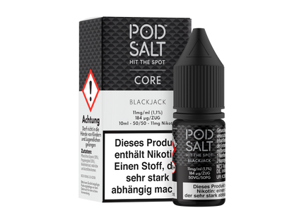 Pod Salt Core Nikotinsalz Liquid Blackjack in einer 10 ml Flasche, erhältlich in 11 mg/ml oder 20 mg/ml, bietet den intensiven Geschmack von Lakritz beim Dampfen mit einer E-Zigarette.