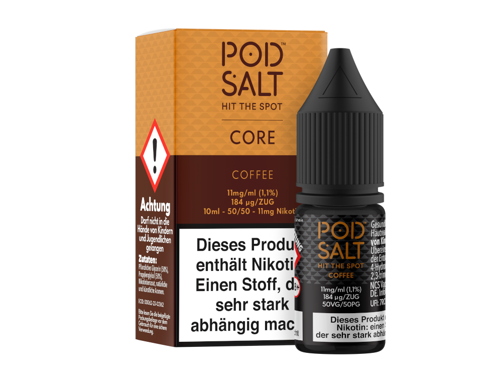 Verpackung des Pod Salt Core Nikotinsalz Liquid Coffee - Portraitansicht der eleganten Flasche mit ansprechendem Design, speziell für Liebhaber von Kaffeegeschmack.