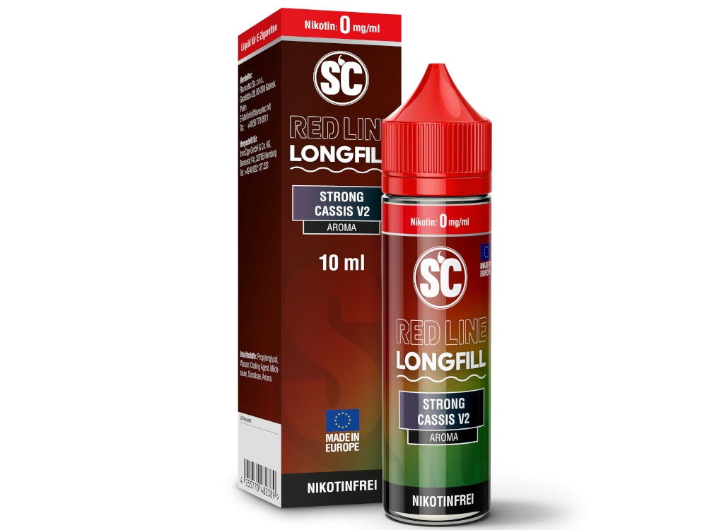 Inhaltsstoffe und Produktbeschreibung des SC Red Line Longfills 10ml Strong Cassis V2, geeignet für hochkonzentrierte E-Liquids.