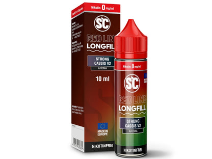 Inhaltsstoffe und Produktbeschreibung des SC Red Line Longfills 10ml Strong Cassis V2, geeignet für hochkonzentrierte E-Liquids.