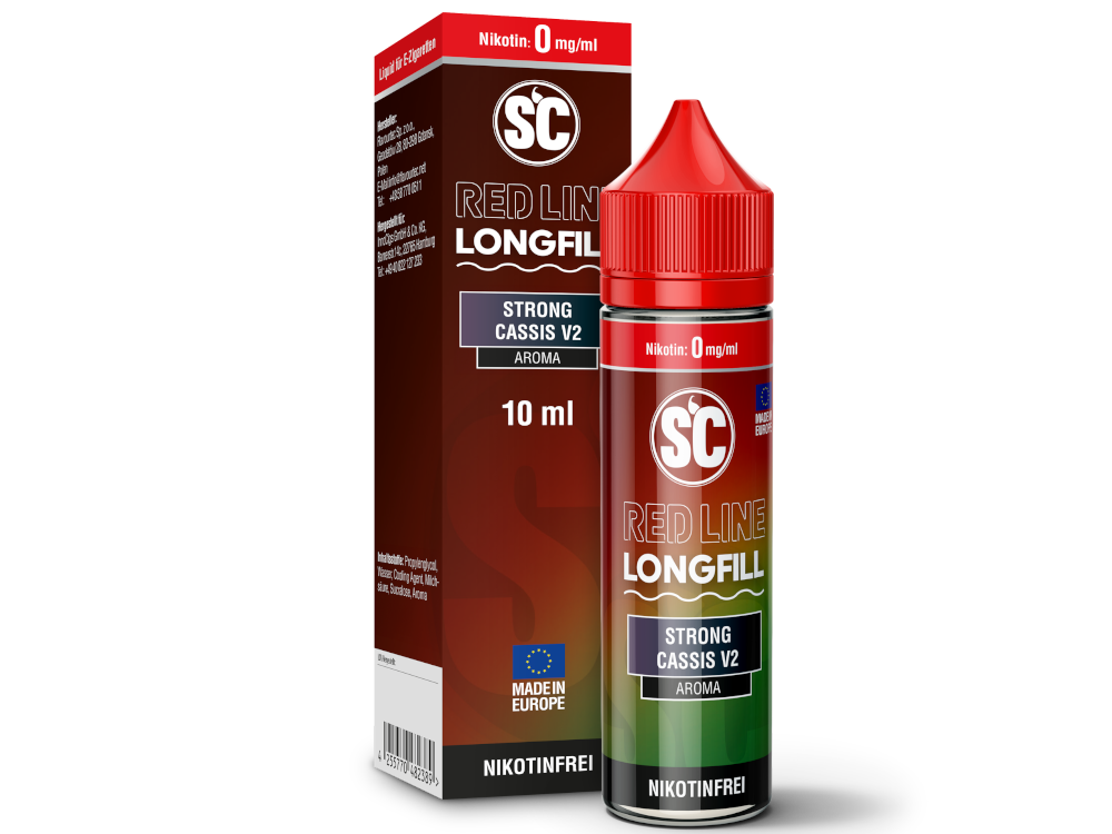 SC Red Line Longfill Aroma 10ml Strong Cassis V2 mit intensivem Himbeer-Cassis-Geschmack und frischer Note für E-Zigaretten-Liebhaber.