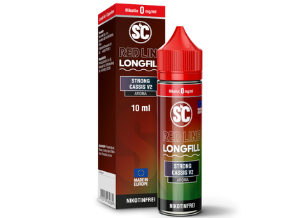 SC Red Line Longfill Aroma 10ml Strong Cassis V2 mit intensivem Himbeer-Cassis-Geschmack und frischer Note für E-Zigaretten-Liebhaber.