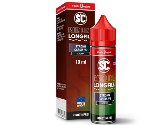 SC Red Line Longfill Aroma 10ml Strong Cassis V2 mit intensivem Himbeer-Cassis-Geschmack und frischer Note für E-Zigaretten-Liebhaber.