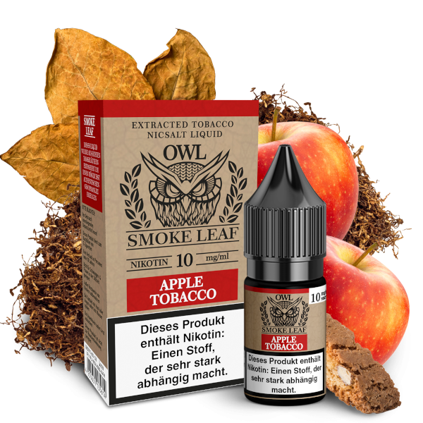 Apple Tobacco OWL Smoke Leaf Nikotinsalz 10mg E-Liquid in 10ml Flasche, präsentiert in stilvollem Design mit Apfel-, Tabak- und Nuss-Aromen, ideal für Dampfer, die auf Nikotin verzichten möchten.