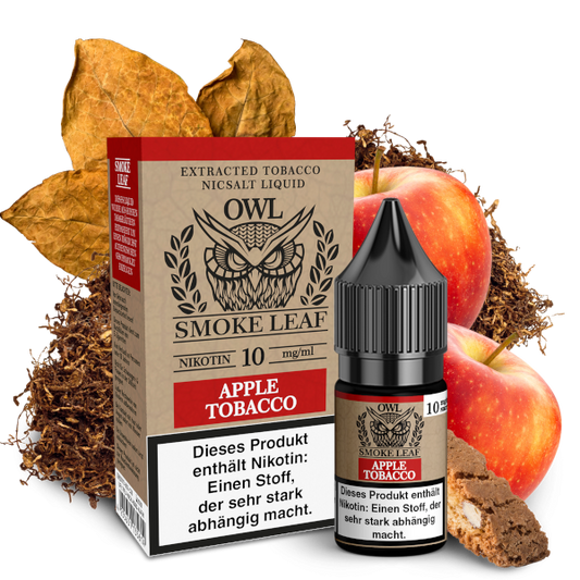 Apple Tobacco OWL Smoke Leaf Nikotinsalz 10mg E-Liquid in 10ml Flasche, präsentiert in stilvollem Design mit Apfel-, Tabak- und Nuss-Aromen, ideal für Dampfer, die auf Nikotin verzichten möchten.