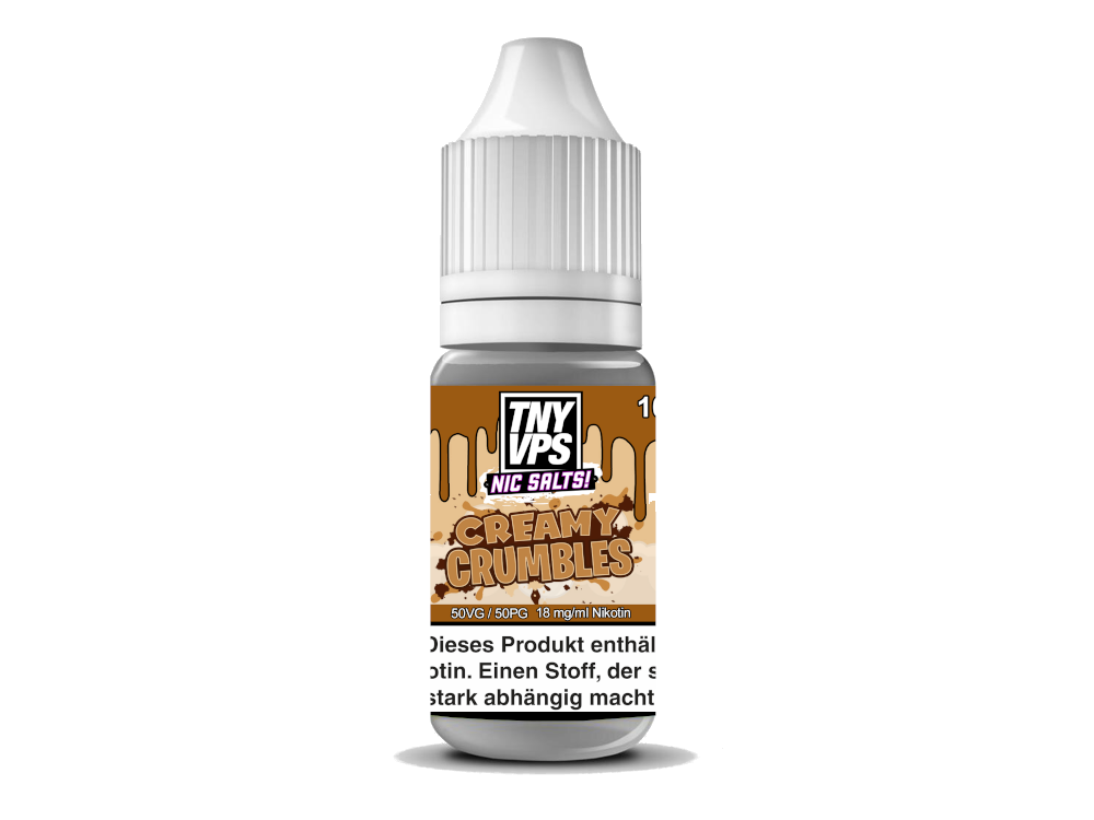 Verpackung von TNYVPS Nikotinsalz Liquid Creamy Crumbles, ideal für E-Zigaretten mit köstlichen Geschmacksrichtungen.