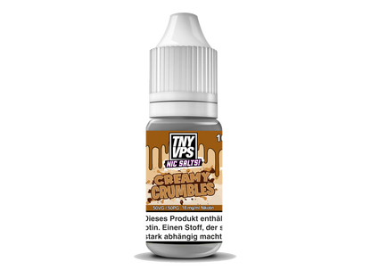 Verpackung von TNYVPS Nikotinsalz Liquid Creamy Crumbles, ideal für E-Zigaretten mit köstlichen Geschmacksrichtungen.