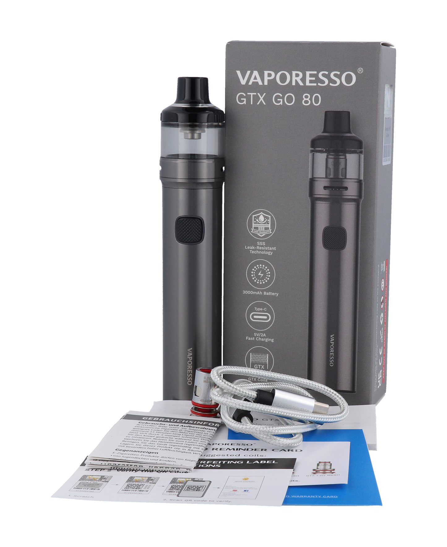 Vaporesso GTX GO 80 E-Zigaretten Set mit 3000mAh Akku und 5ml GTX Pod 26 - Abbildung aus verschiedenen Blickwinkeln zur Veranschaulichung der Kompaktheit und Portabilität.