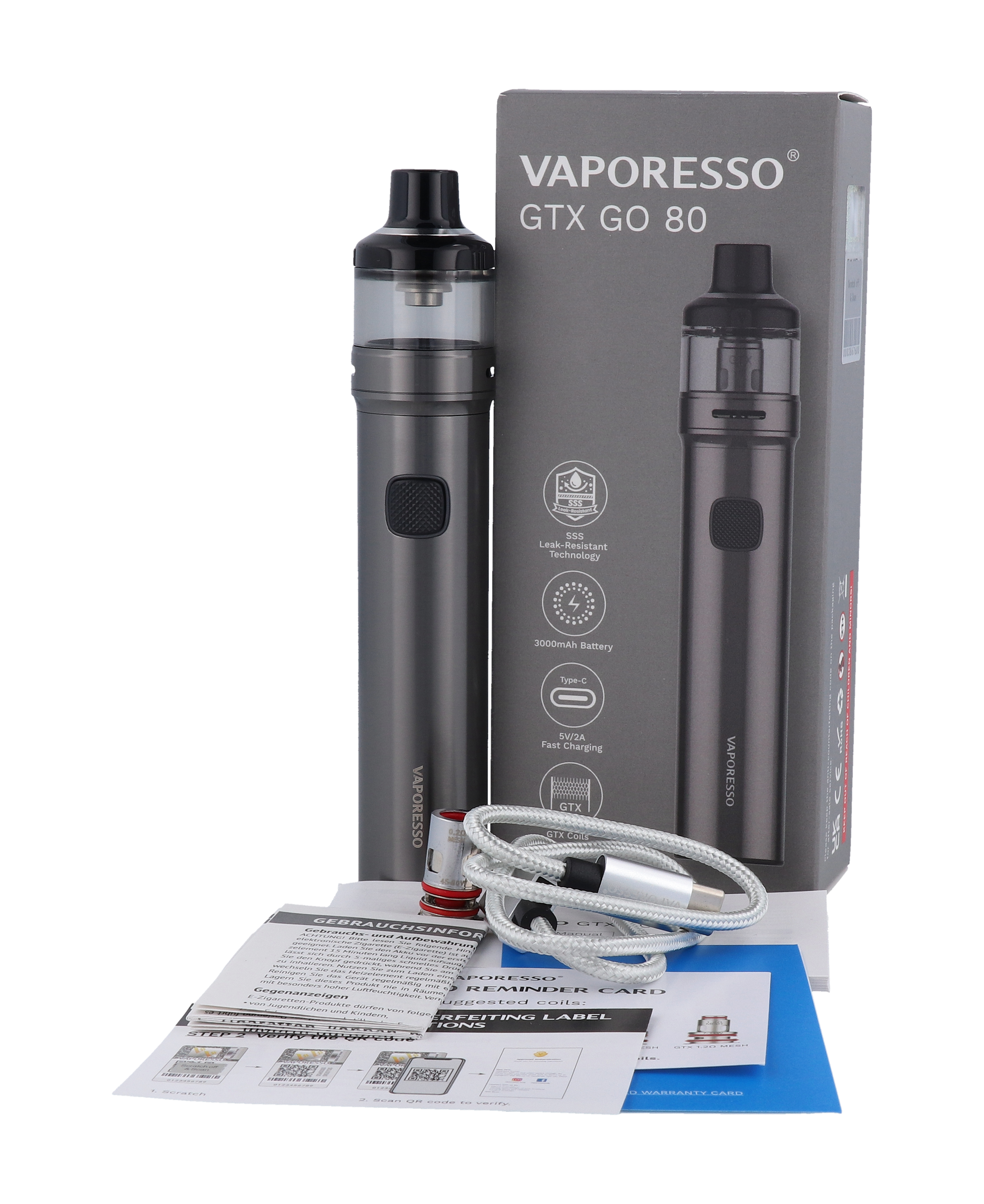 Vaporesso GTX GO 80 E-Zigaretten Set mit 3000mAh Akku und 5ml GTX Pod 26 - Abbildung aus verschiedenen Blickwinkeln zur Veranschaulichung der Kompaktheit und Portabilität.