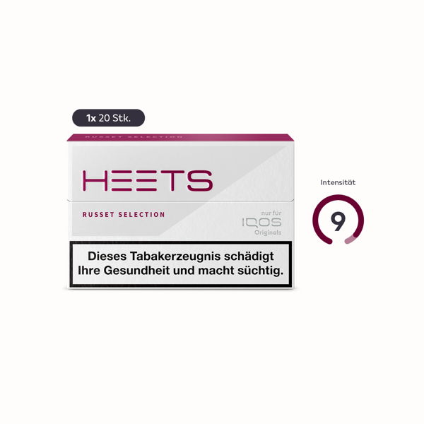 HEETS Tabaksticks Russet Selection für IQOS, präsentiert in einer modernen Verpackung, bietet einen intensiven, gerösteten Tabakgeschmack für ein einzigartiges Raucherlebnis, kompatibel mit IQOS Geräten.