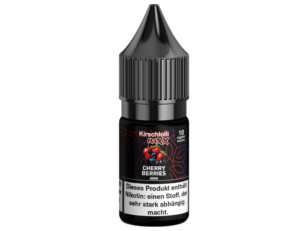 Flasche des Kirschlolli Maxx Nikotinsalz Liquid Cherry Berries, ideal für die Verwendung in E-Zigaretten und verfügbar in den Nikotinstärken 10 mg/ml und 20 mg/ml.