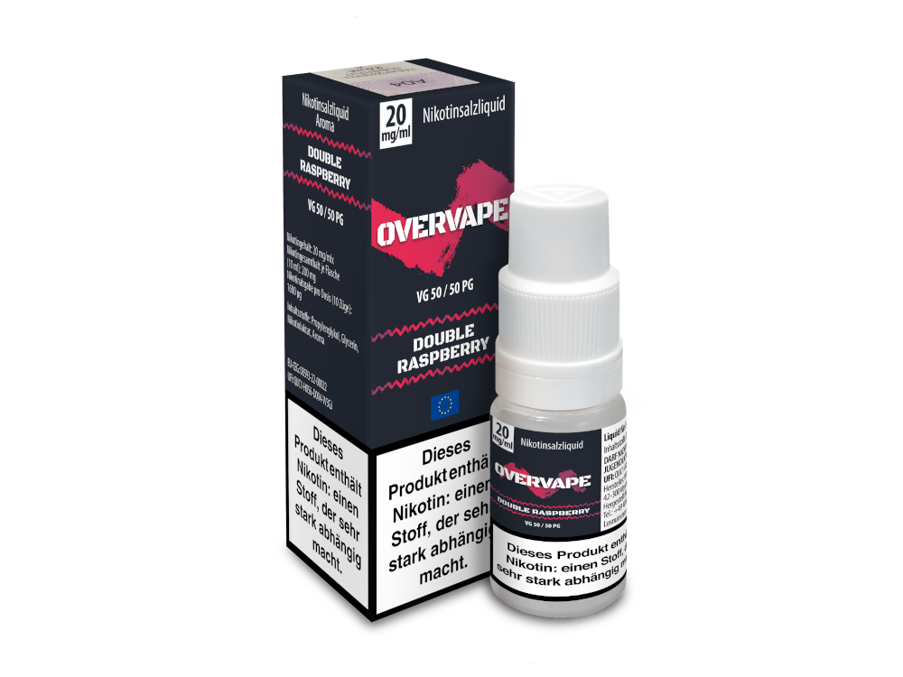 Overvape Nikotinsalz Liquid Double Raspberry in einer 10 ml Flasche mit 20 mg/ml Nikotingehalt, ideal für Dampfer, die den Geschmack von Himbeere lieben.