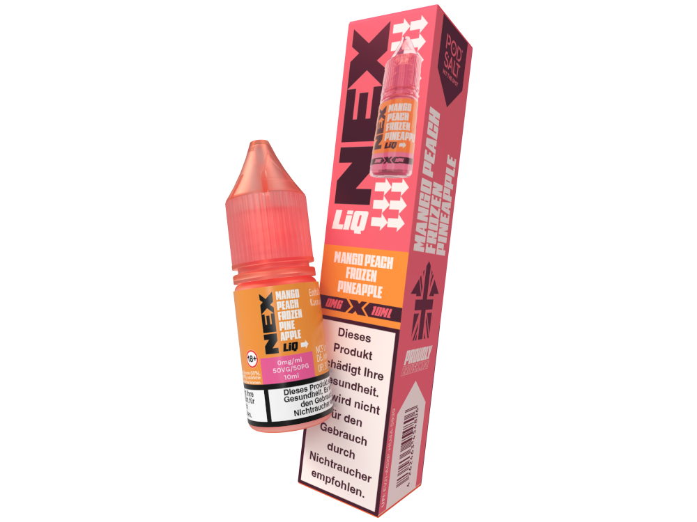 Pod Salt NexLiq Nikotinsalz Liquid Mango Peach Frozen Pineapple, ideal für Dampfer, die fruchtige Aromen und Nikotinsalz-Liquids suchen, erhältlich in 10ml.