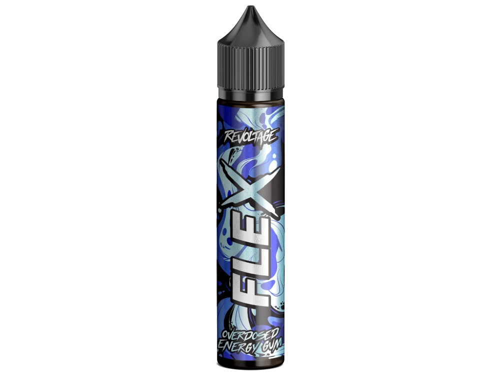 Aufnahme der Verpackung von Revoltage FLEX - Longfills 10 ml - Energy Gum, einem beliebten Dampfaroma, das den authentischen Geschmack von Energydrink-Kaugummi in der Kategorie Revoltage Flex Longfills verkörpert.
