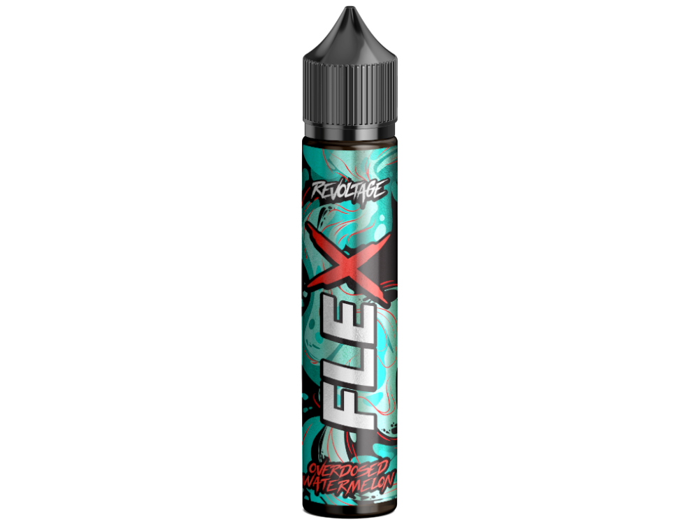 Verpackung Revoltage FLEX Longfills 10 ml - erfrischendes Wassermelone Aroma, nikotinfrei, wichtige Hinweise zur sicheren Nutzung.